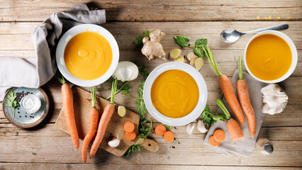 Wall Mural - Bowl of carrot or pumpkin soup, perfect for healthy eating and homemade meal concepts