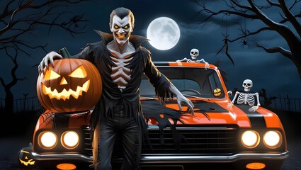 A scary looking man with a glowing pumpkin head stands next to a Halloween themed orange and black vintage car, complete with spider webs, skeletons and eerie glowing headlights.