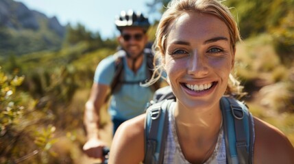 Wall Mural - A woman smiling while riding a bike with her boyfriend. AI.