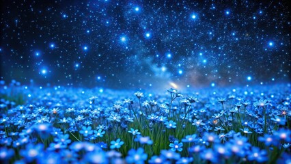 Field of small luminous blue flowers under night starry sky