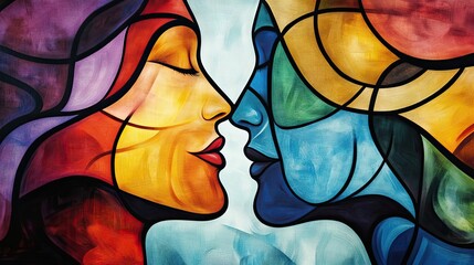 Wall Mural - Abstract Stained Glass Portrait of Two Faces in Profile