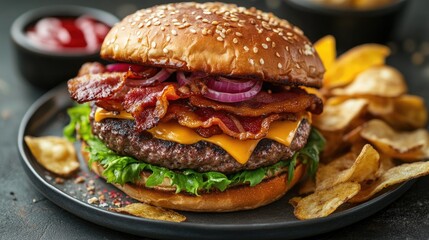 Close-up of a juicy bacon cheeseburger. A delicious and tempting image for advertising fast food restaurants or food blogs.