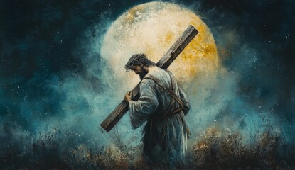 Jesus Christ carries the cross under a starry night sky with a full moon.  .