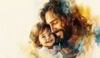 © Digital Dreamscapes - Jesus Christ embraces a child, radiating love and compassion in a watercolor painting.  .