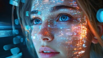 Poster - A young woman gazes into the distance as holographic lights illuminate her face, showcasing intricate digital patterns in a dark environment.