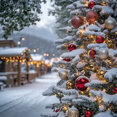 A snow-covered Christmas tree with red and gold ornaments stands in front of a charming winter village with string lights.