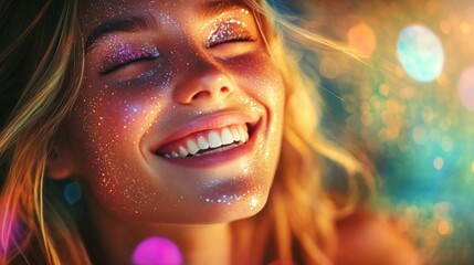 Joyful caucasian blonde woman is surrounded by vibrant marble texture colorful background and some.bokeh lights, her smile full of energy. The playful scene fits themes of celebration and fun.