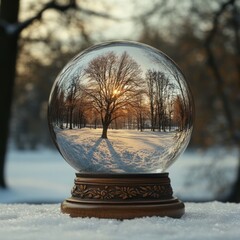 Poster - A snow-covered landscape captured in a glass ball with a tree and sun in the background.