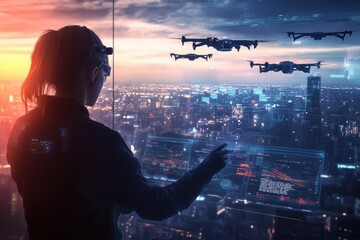 Poster - The drone pilot skillfully directs multiple sleek drones using a touchpad while overseeing a glowing city at dusk. Generative AI