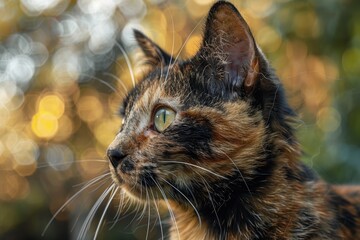 A cat with a green eye is looking at the camera