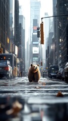 Wall Mural - Bear amidst bustling city streets, with skyscrapers and traffic contrasting its calm and imposing presence in an urban setting.