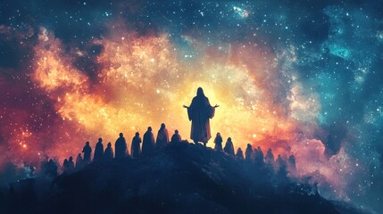 Jesus Christ stands on a mountaintop, bathed in celestial light, with a crowd of followers gazing up at him. .