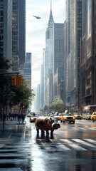 Wall Mural - Hippopotamus amidst bustling city streets, with skyscrapers and traffic contrasting its calm and imposing presence in an urban setting.