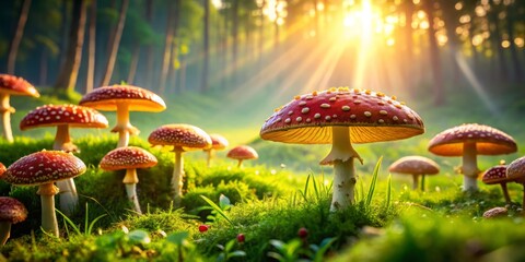 Sticker - Fairy Ring Champignon mushrooms flourish in a vibrant green meadow, illuminated by gentle natural light, creating a