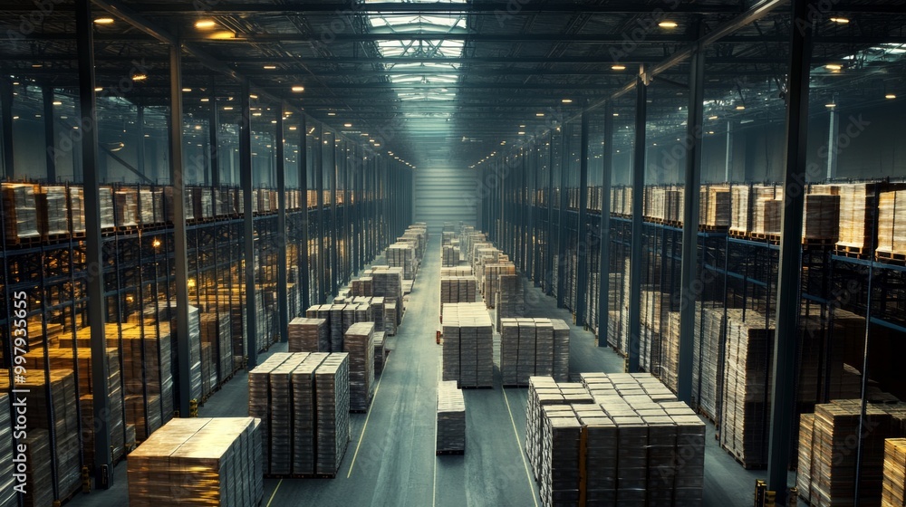 A massive warehouse is filled with towering racks, which are stacked ...