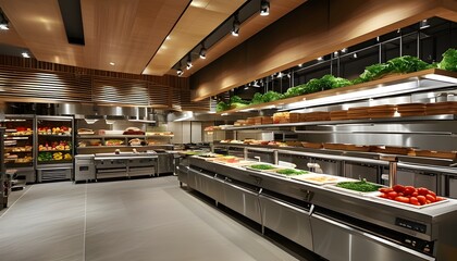 modern restaurant kitchen with refrigerated pantry and vibrant supermarket interior