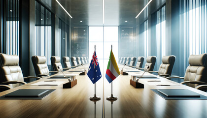 A modern conference room with Australia and Comoros flags on a long table, symbolizing a bilateral meeting or diplomatic discussions between the two nations.