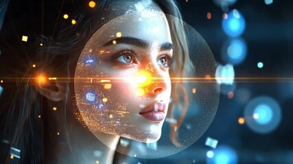 Poster - The woman appears deep in thought, with vibrant digital patterns and lights reflecting on her face in a futuristic environment.