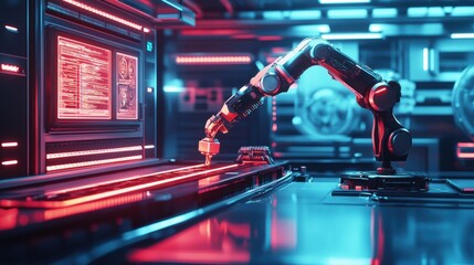 Poster - In a sleek, high-tech lab, a robotic arm carefully assembles complex machinery while illuminated panels glow around it. Generative AI