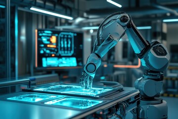 Fototapete - In a sleek, high-tech lab, a robotic arm skillfully assembles intricate machinery while surrounded by holographic displays. Generative AI