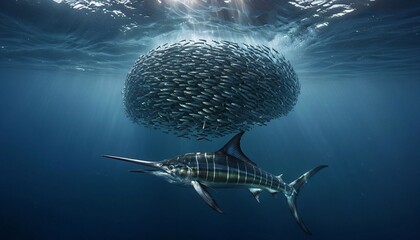 Swordfish swims in front of a large shoal of fish