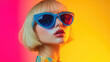 © thiquynh - a blonde woman with shoulder-length hair wearing colorful sunglasses, posing against a vibrant gradient background