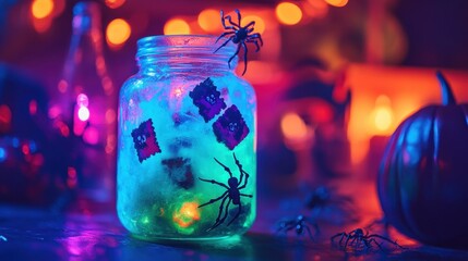 Creepy Halloween Jar of Glowing Slime with Spooky Labels and Spiders on Crafting Table