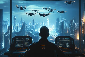 Poster - The drone pilot skillfully manages a fleet of sleek drones using a touchpad in a high-tech control center with a city skyline backdrop. Generative AI