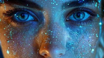 Aufkleber - A woman gazes directly at the viewer, her face illuminated by glowing blue dots, creating an ethereal and artistic atmosphere around her.