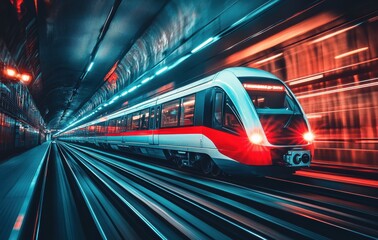 Wall Mural - A subway train streaks through the cityscape in a long exposure image, reflecting dynamic movement and contemporary transit.