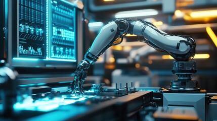 Fototapete - A robotic arm skillfully assembles advanced machinery in a futuristic lab filled with glowing panels and dynamic holographic displays. Generative AI