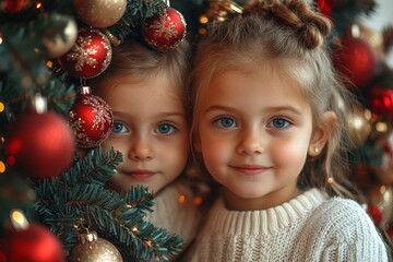 Cute little girls with Christmas baubles near Christmas tree indoors