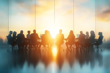 Silhouettes of business professionals gathered for a meeting during sunset, emphasizing teamwork and innovation in a modern office setting