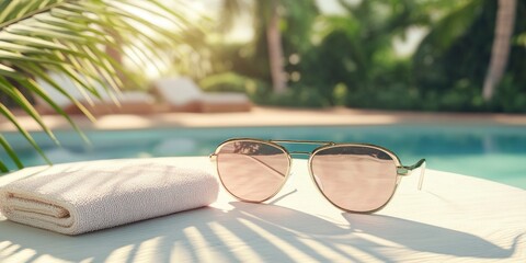 Close up of sunglasses and beach towel on table near swimming pool, summer vacation concept