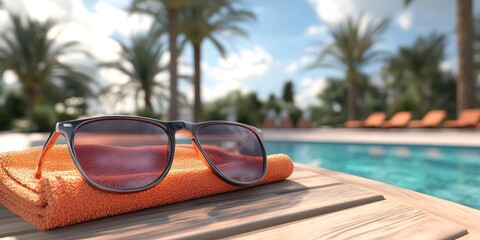 Close up of sunglasses and beach towel on table near swimming pool, summer vacation concept