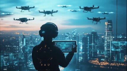 Poster - The pilot skillfully controls a swarm of advanced drones with a touchpad, monitoring the expansive cityscape in the background. Generative AI