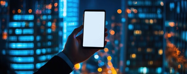 Businessman holding cell phone with Skyscrapers in night,Office buildings,using smartphone with blank screen,A white screen smartphone mockup in a man's hand,social media,mobile application.