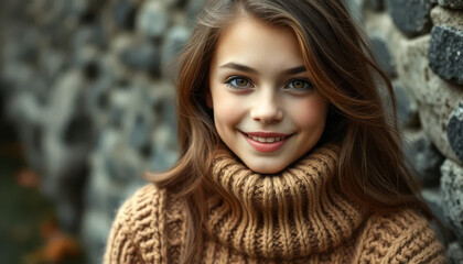 A girl wearing a brown sweater and smiling