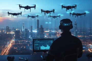 Poster - The drone pilot skillfully manages a fleet of sleek drones from a high-tech control center overlooking a glowing cityscape at night. Generative AI