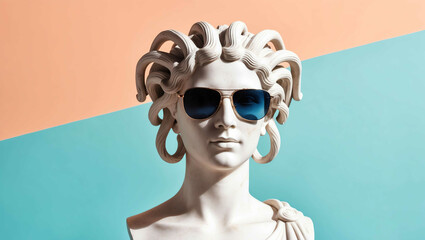 Canvas Print - Marble bust statue of Medusa wearing retro sunglasses against a bright pastel background