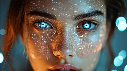 Poster - A young woman's face is illuminated by vibrant digital patterns, focusing on her striking eyes that seem to display technological imagery, creating a mesmerizing effect.