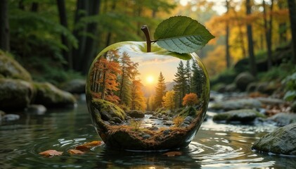 Creative apple with a scenic forest landscape and sunset reflection