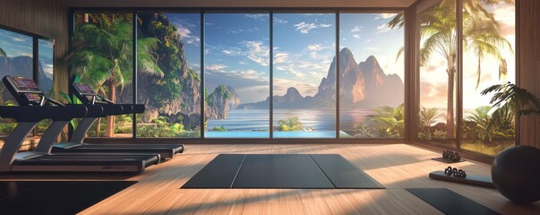 A fitness room with a floor that adjusts its softness or firmness based on the workout being performed, and virtual windows that display exotic locations for inspiration