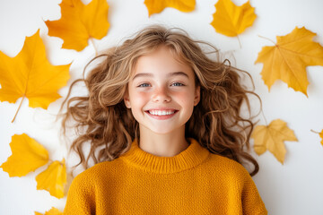 Top view of nature fall banner with pretty smiling little girl lying in autumn maple leaves on white background. Flat lay of wallpaper with foliage texture. Creative greeting card.