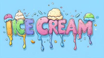 Colorful ice cream text art with melting scoops and an ice cream cone on a bright blue background