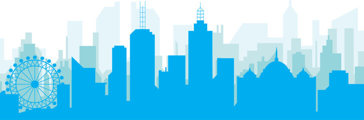 Wall Mural - Blue panoramic city skyline poster with bluish misty transparent background buildings of MELBOURNE, AUSTRALIA