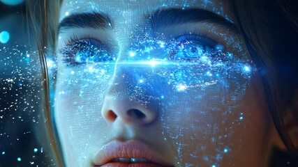 Aufkleber - Bright digital patterns dance across a woman's face, reflecting a blend of technology and beauty, capturing a serene moment of contemplation in a dreamlike atmosphere.