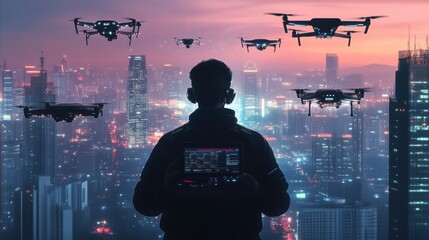 Poster - A skilled drone pilot uses a touchpad to manage a fleet of advanced drones in a high-tech control center as dusk falls. Generative AI