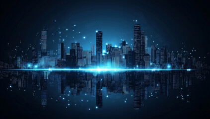 blue city skyline with reflection