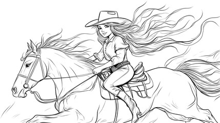 Wall Mural - A black and white PNG line art of a cowgirl.